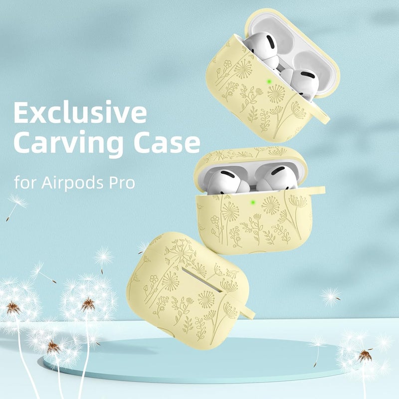 Lerobo for Airpod Pro 2 Case/Airpod Pro Case Cover, Flower Engraved Cute Silicone Skin Full Protective Cover Compatible with Apple Airpods Pro 2nd/1st Generation Case with Keychain, Cream Yellow - Image 2